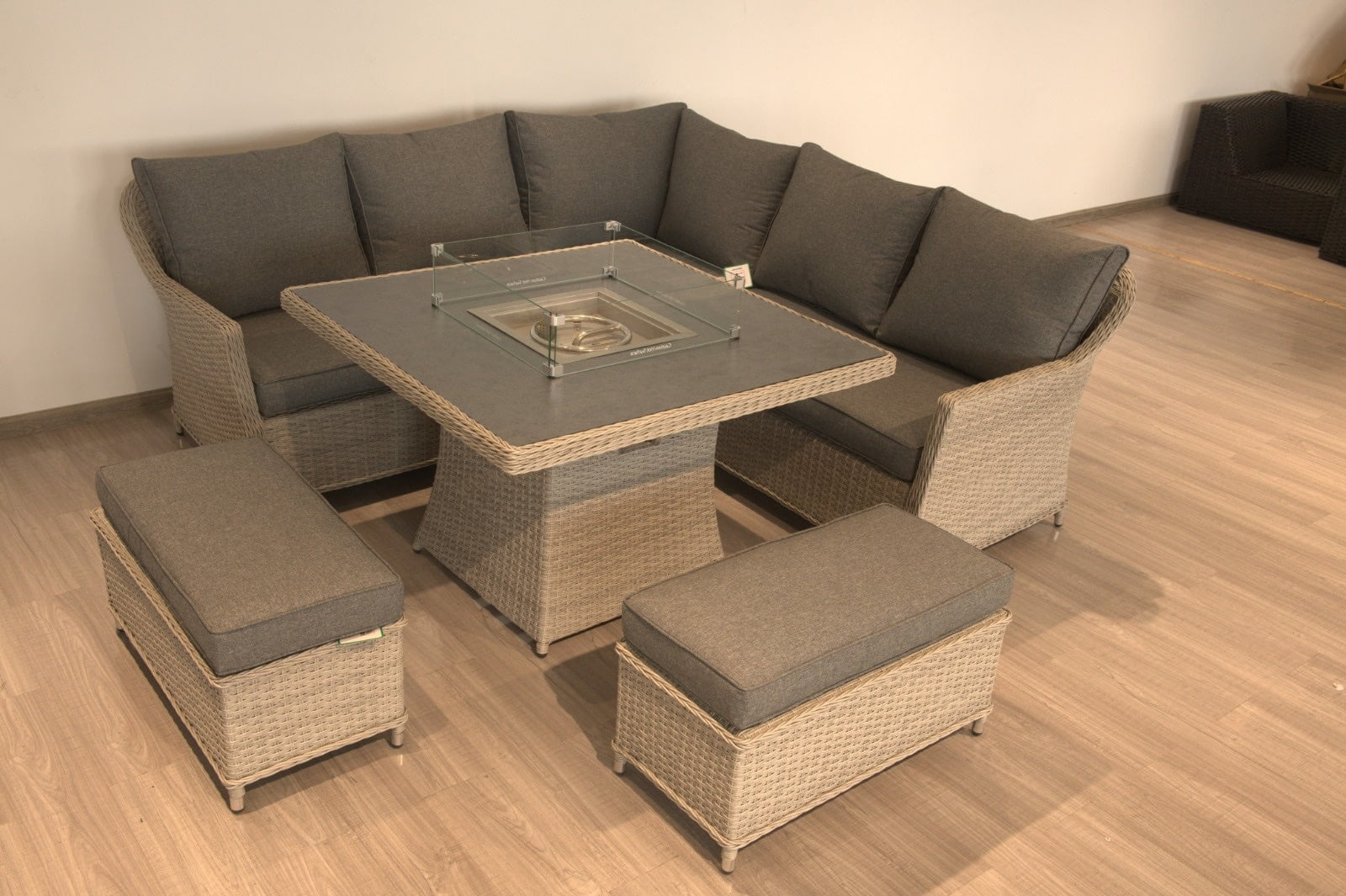 Rattan Corner Firepit Dining Patio Set 8 Seater