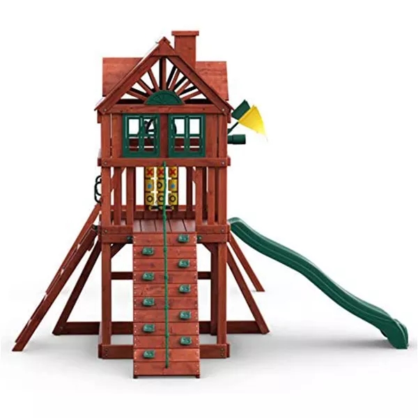 WOODEN SWING SET WITH WOODEN ROOF, TWO SWINGS, SLIDING