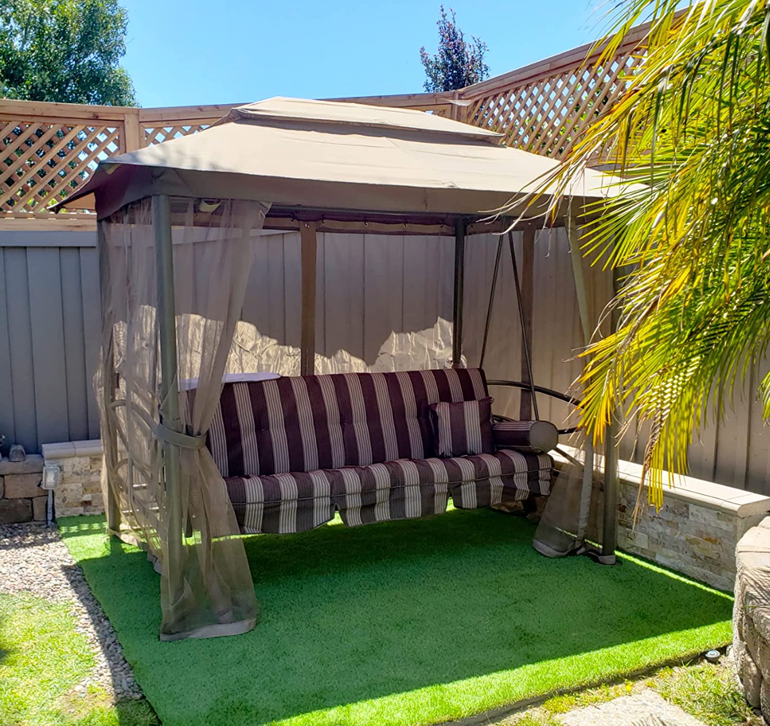 【Gazebo】【BS】3 Person Outdoor Patio Porch Swing Gazebo with Netting & Gazebo Curtains