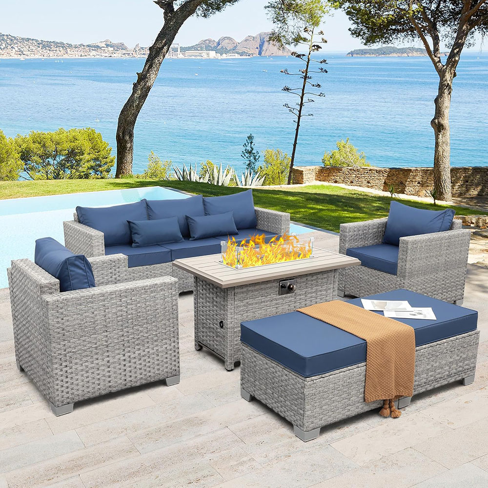 WAROOM patio furniture set 6 piece modular sofa PE rattan reception set with fire pit table