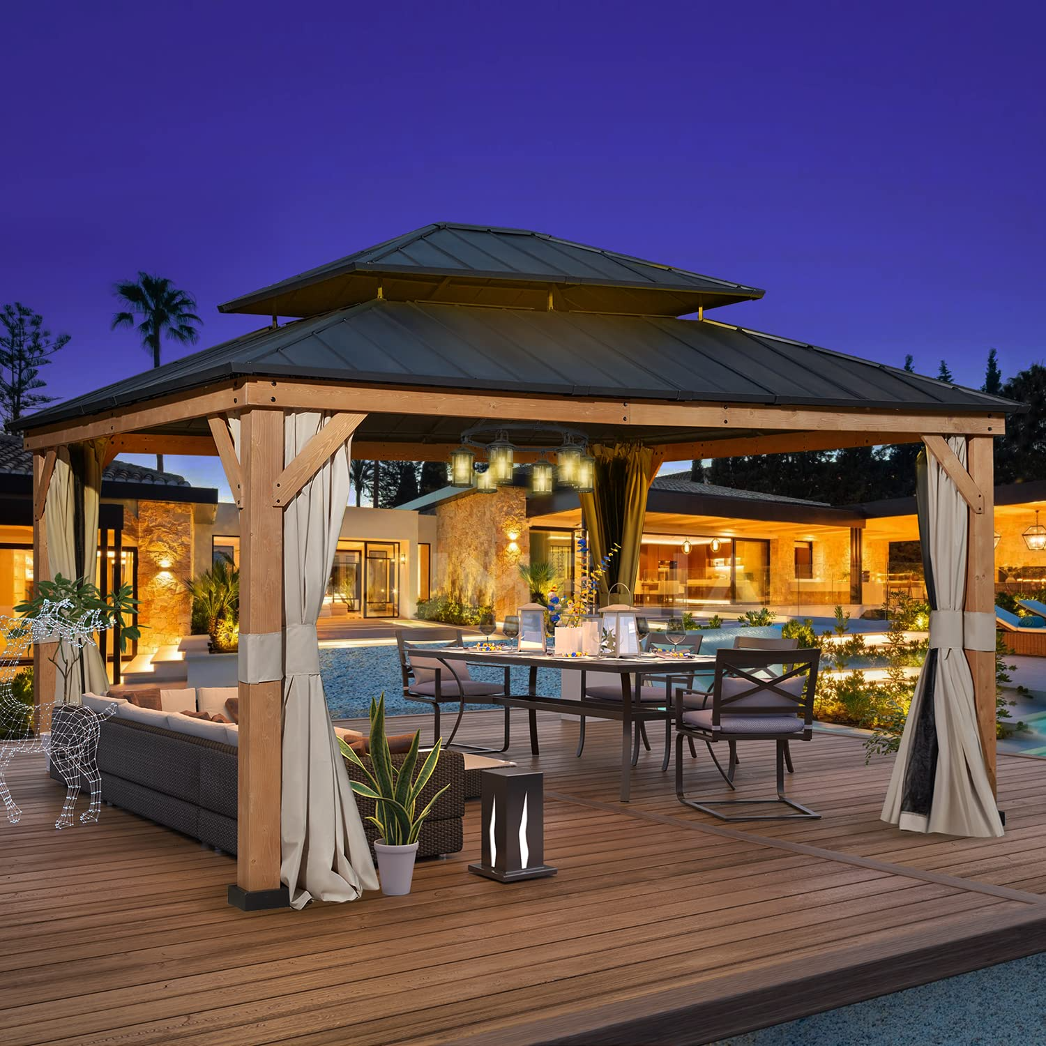 【Gazebo】【BS】13'x15' Cedar Wood Gazebo, Outdoor Double Roof Hardtop Gazebo