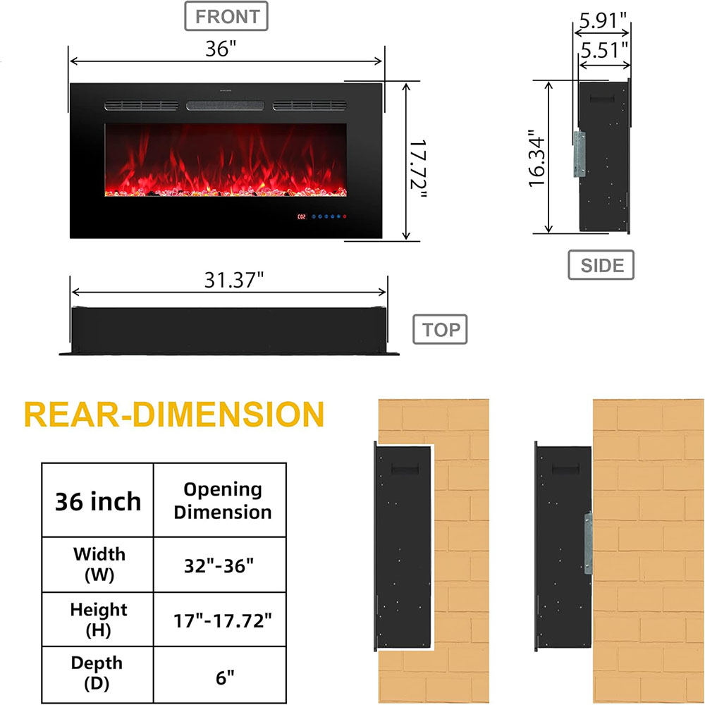 Electric Fireplace Insert Fireplace Heater with Remote Control for Indoor Use