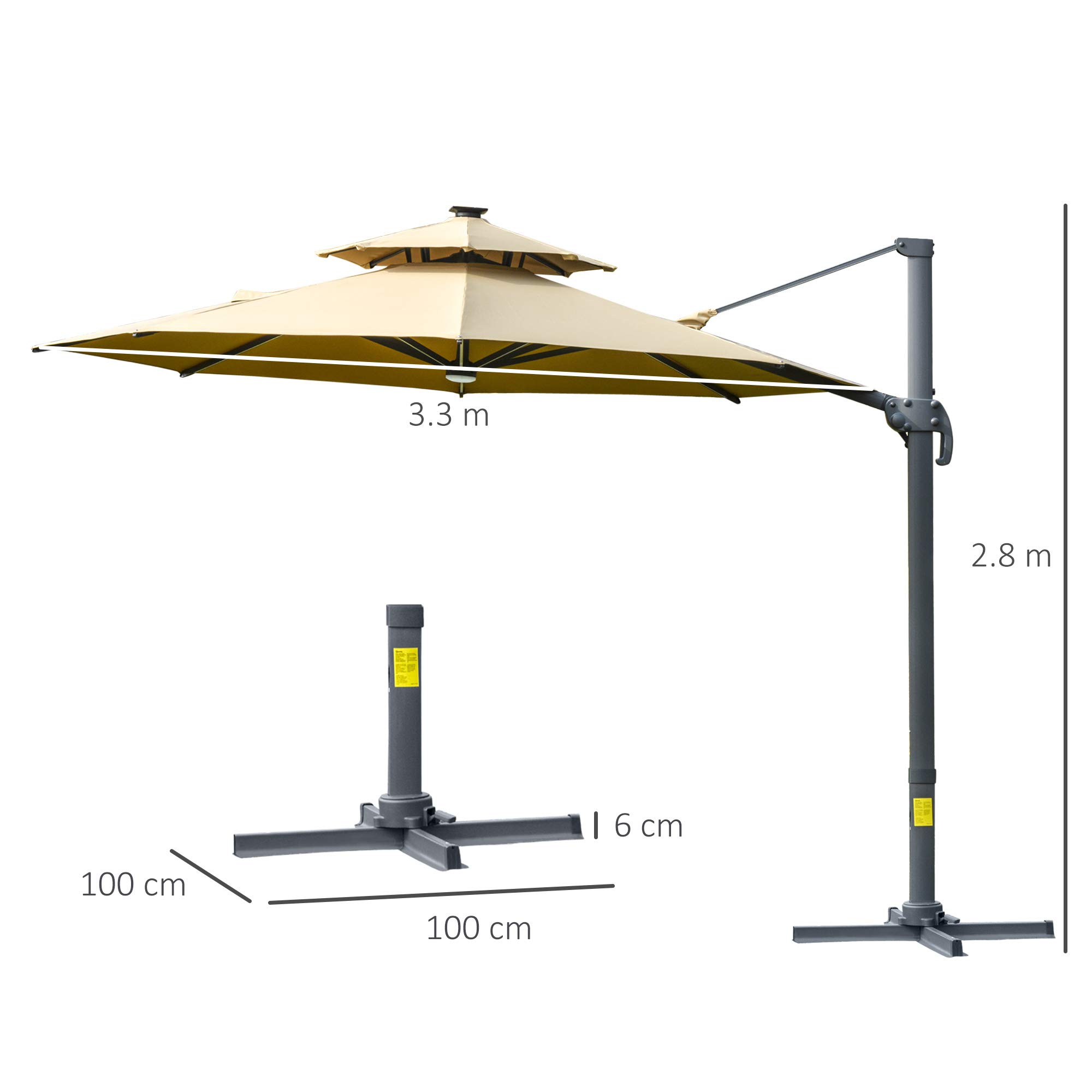 Outsunny 3(m) Cantilever Roma Parasol with LED Solar Lights, Crank & Tilt, Aluminium Frame, Cross Base and Adjustable Canopy 360° Rotating Sun Umbrella with 2-Tier Shade