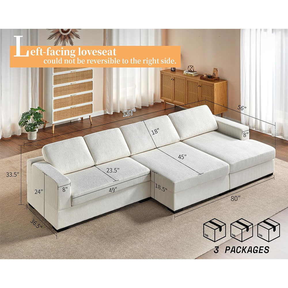 AMERLIFE Oversized Sectional Sofa, Large Double Chaise Couch, Comfy Sofa Couch with Left Chaise, White Corduroy Sofa