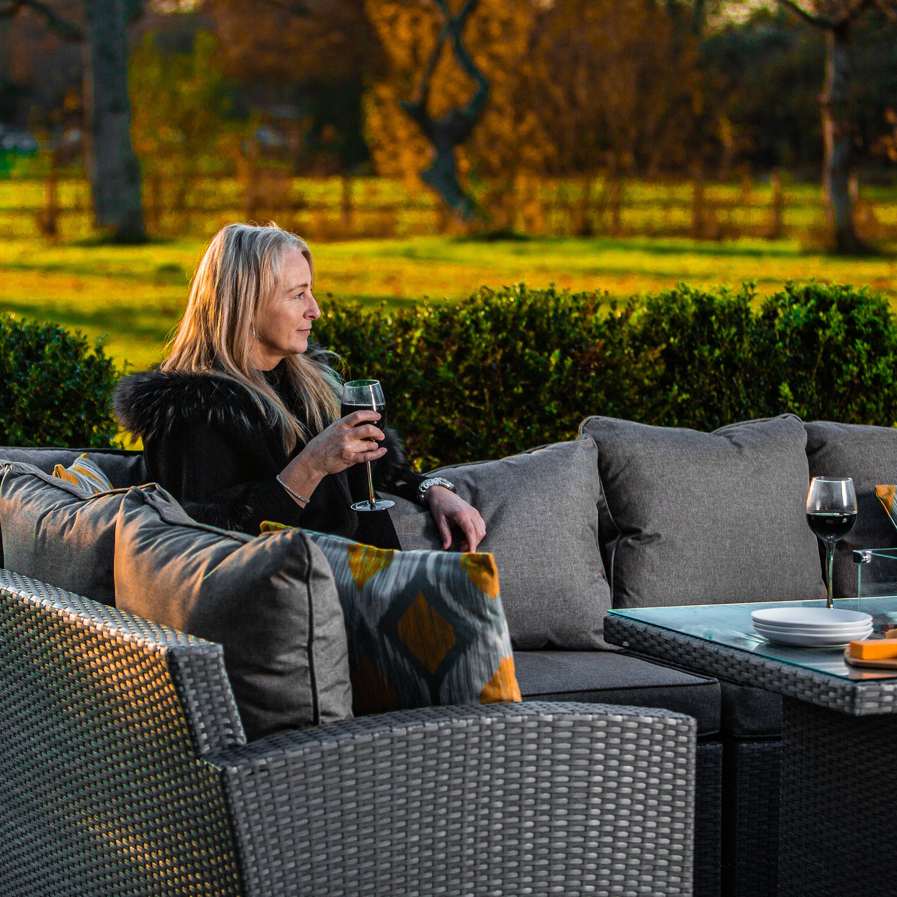 Bracken Outdoors Dakota Casual Dining Rectangular Corner Sofa Set with Firepit Table