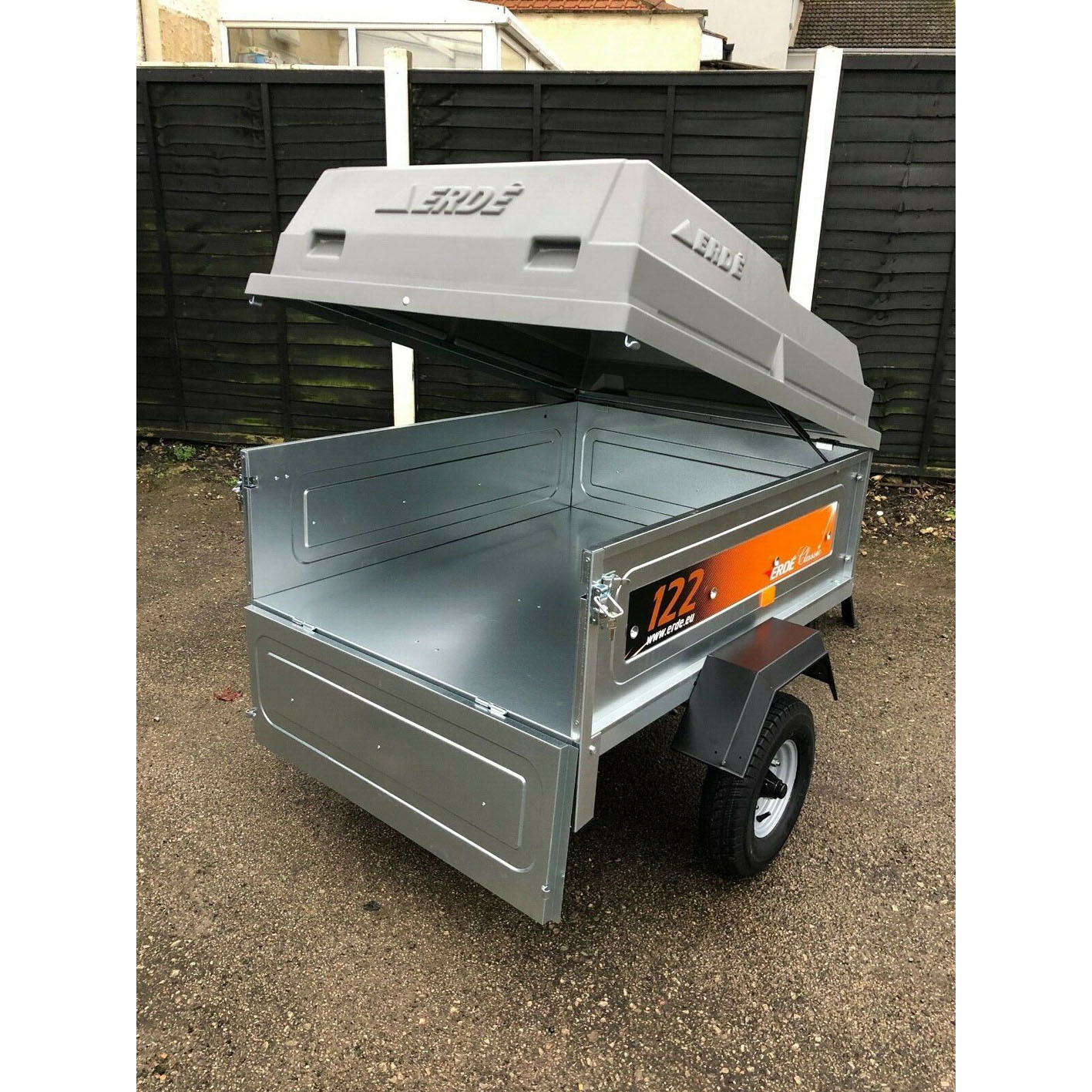 Newly assembled Erde 122 box car camper trailer with lockable ABS hard top
