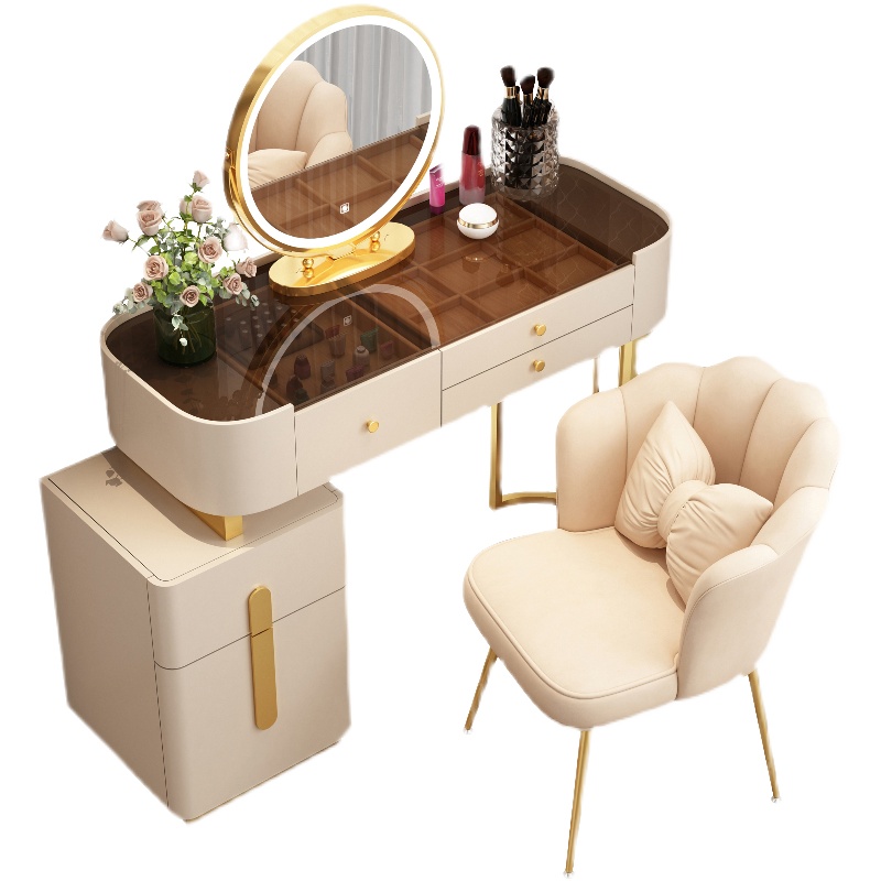 【Furniture】【BS】Nordic Dressing Table with Mirror, Stool & 3 Light Effect LED Mirrors, Golden Iron Dresser
