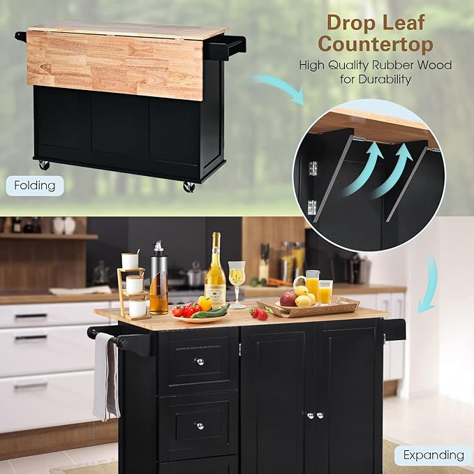 COS TWAY Kitchen Island Trolley on Wheels with Double Door Cabinet, 3 Drawers and Towel/Spice Rack, Utility Cabinet with Deciduous Rubber Wood Top and Adjustable Shelves, Suitable for Home Kitchen, Dining Room (Black)
